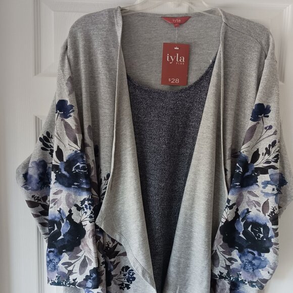 NWT Iyla Plus Womens 4X Grey Floral Long Sleeve Pullover Cardigan - Picture 1 of 9